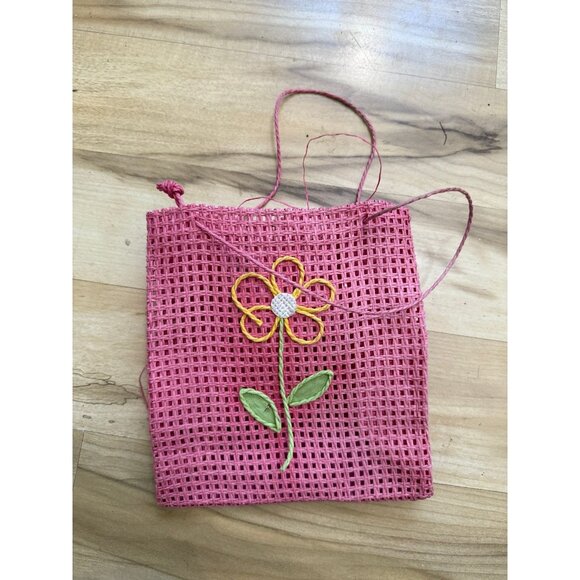 Pink Woven Tote Bag with Embroidered Flower - Picture 1 of 10